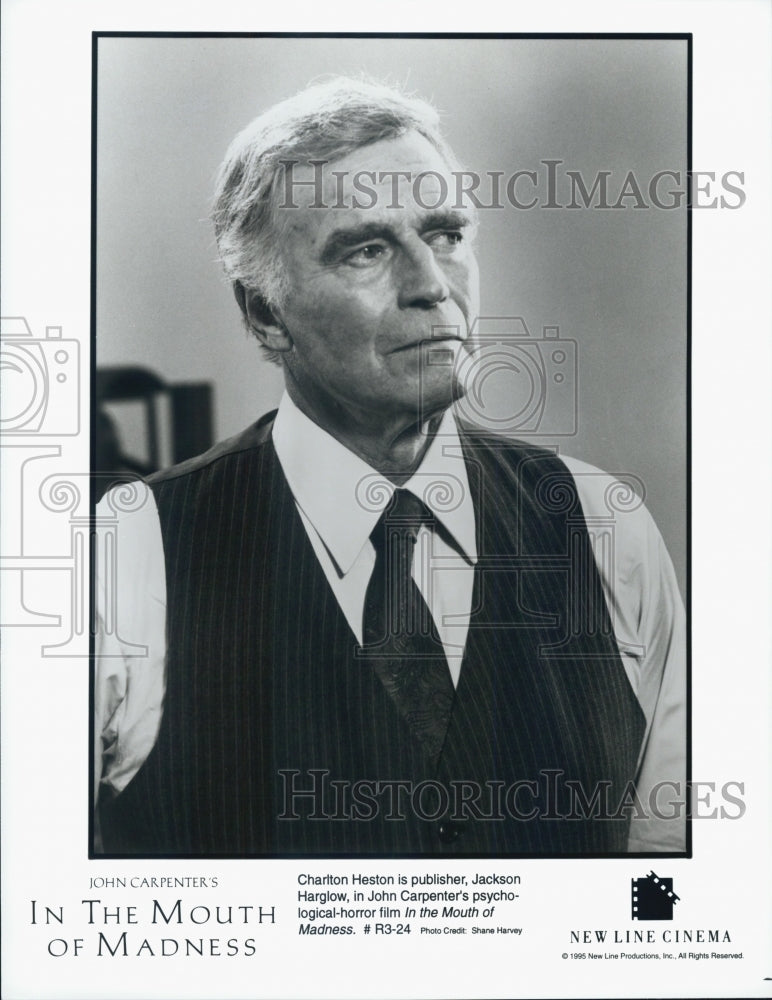 1995 Press Photo Actor Charlton Heston in "In the Mouth of Madeness" Film - Historic Images