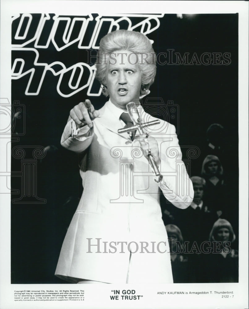 1980 Press Photo Andy Kaufman in the film, &quot;In God We Trust&quot; - DFPG02409 - Historic Images