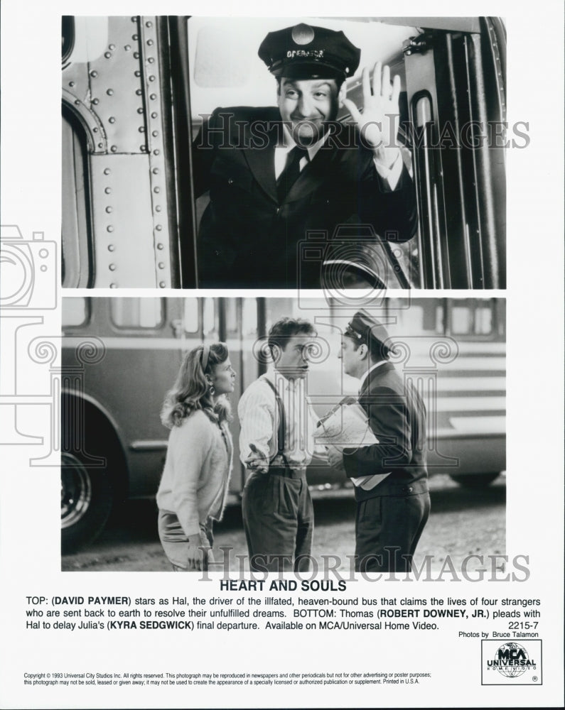 1993 Press Photo David Paymer, Kyra Sedgwick, Robert Downey Jr "Heart and Souls" - Historic Images