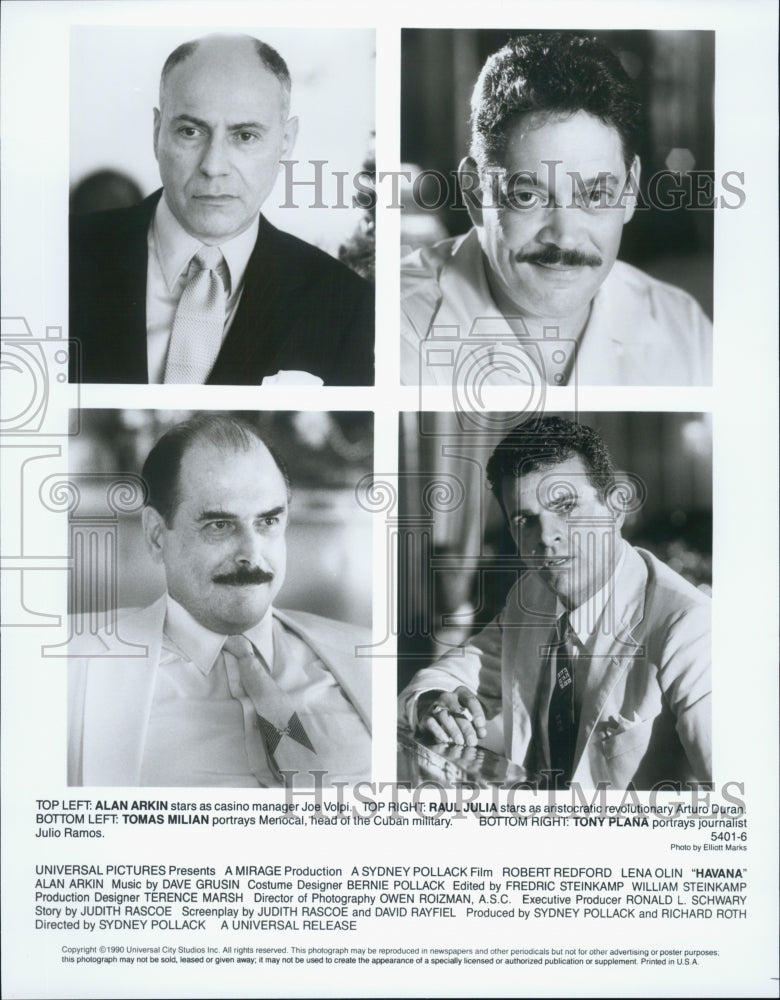 1990 Press Photo Actor Alan Arkin, Raul Julia, Tomas Milan, Tony Plana &quot;Havana&quot; - Historic Images