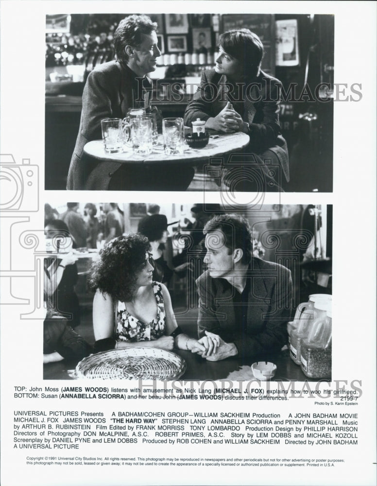 1991 Press Photo Actor James Woods, Annabella Sciorra in &quot;The Hard Way&quot; - Historic Images