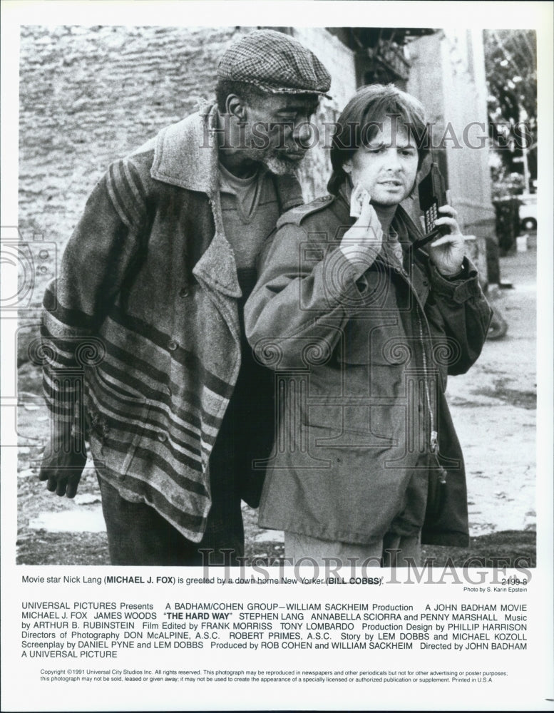 1991 Press Photo Actor Michael J. Fox, Bill Cobbs in &quot;The Hard Way&quot; Film - Historic Images