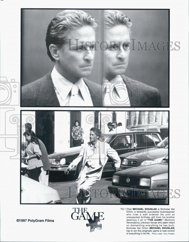 1997 Press Photo Actor Michael Douglas in &quot;The Game&quot; Film - Historic Images