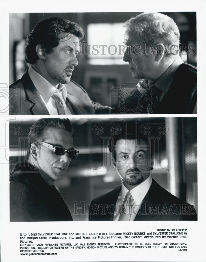 2000 Press Photo Sylvester Stallone, Michael Caine, Mickey Rourke in "Get Carter - Historic Images