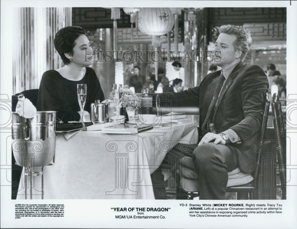 1995 Press Photo Actress Tracy Tzu, Mickey Rourke in "Year of the Dragon" Film - Historic Images