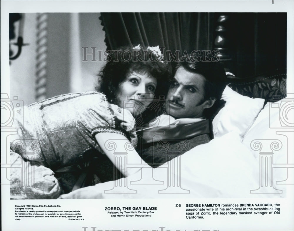 1981 Press Photo George Hamilton and Brenda Vaccaro in &quot;Zorro the Gay Blade&quot; - Historic Images