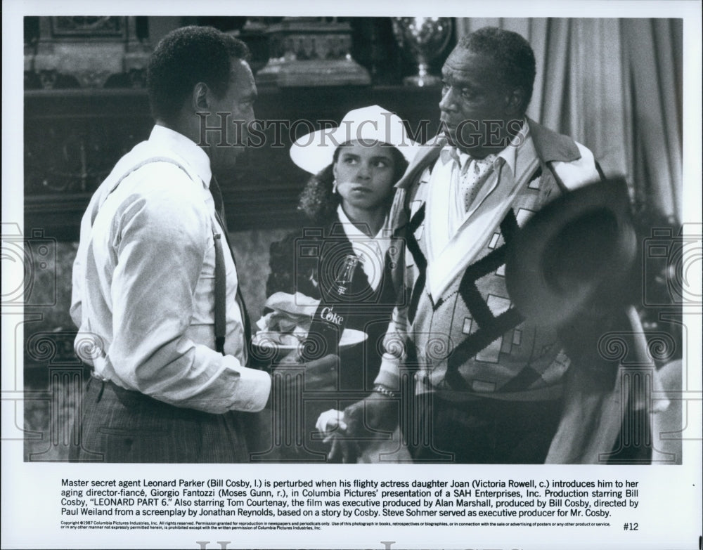 1987 Press Photo Bill Cosby, Victoria Rowell and Moses Gunn in "Leonard Part 6" - Historic Images
