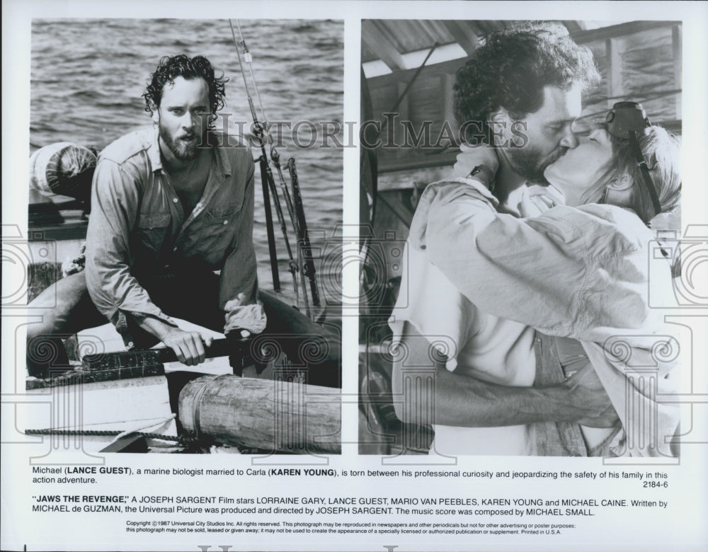 1987 Press Photo &quot;Jaws The Revenge&quot; Shark Karen Young Lance Guest Actor - Historic Images