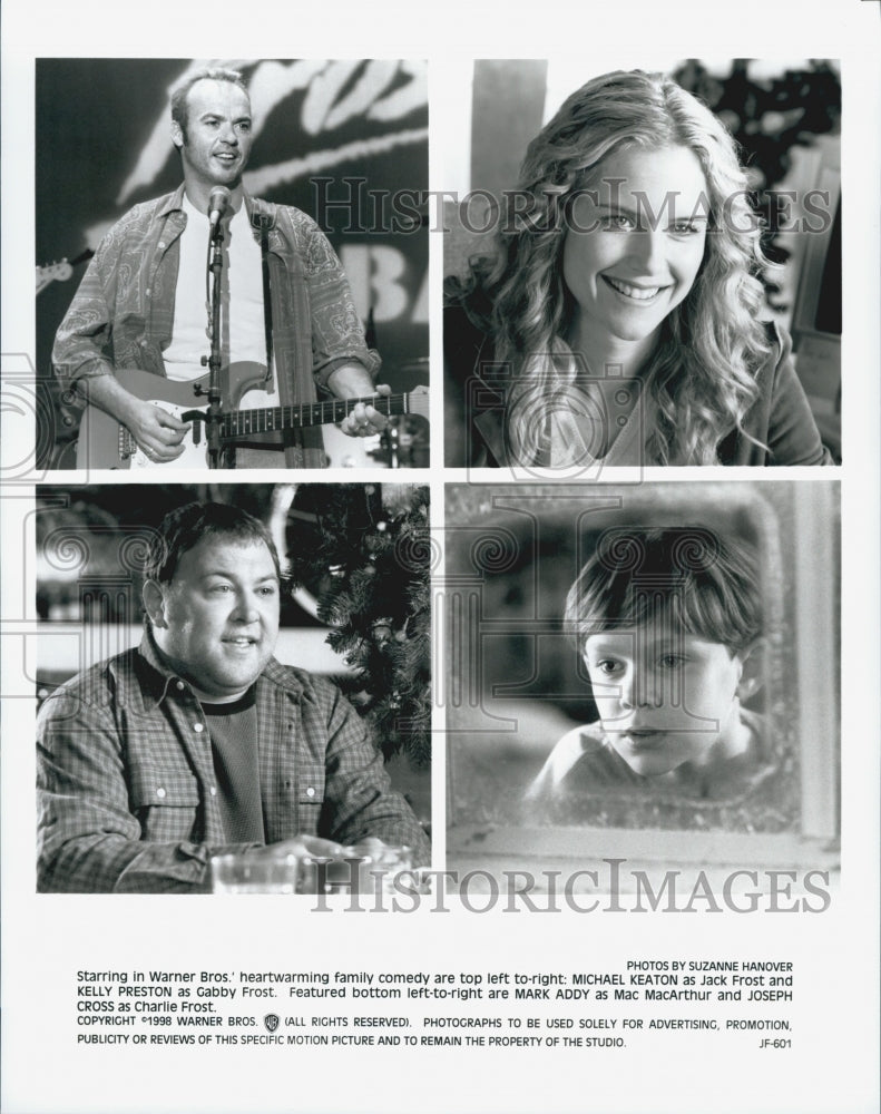 1998 Press Photo Michael Keaton,Kelly Preston,M Addy &amp; J Cross&#39;Jack Frost&quot; - Historic Images