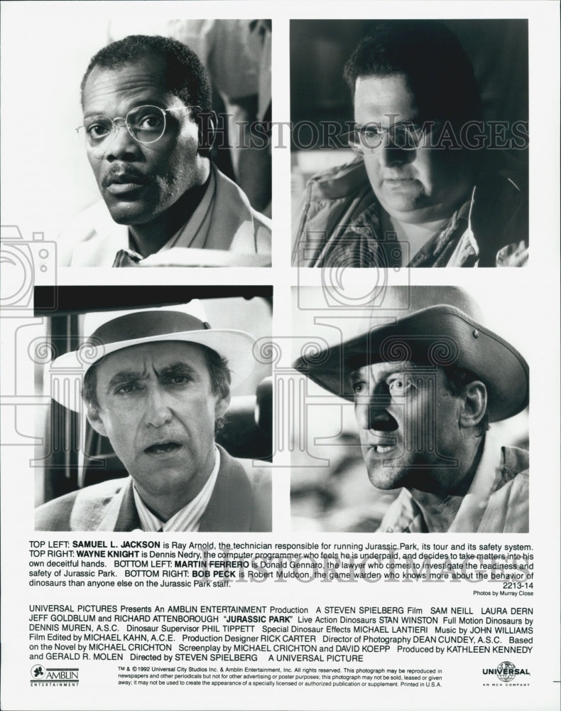 1990 Press Photo   Samuel L Jackson,W Knight,M Ferrero,B Peck in "Jurassic Park" - Historic Images
