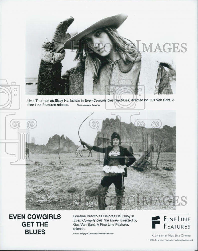 1993 Press Photo Uma Thurman, Lorraine Bracco &quot;Even Cowgirls Get the Blues&quot; - Historic Images