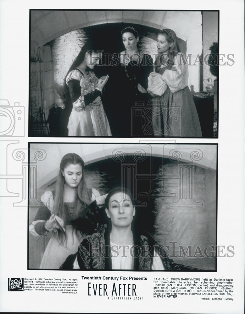 1998 Press Photo Anjelica Huston, Drew Barrymore &amp; Megan Dodds In &quot;Ever After&quot; - Historic Images