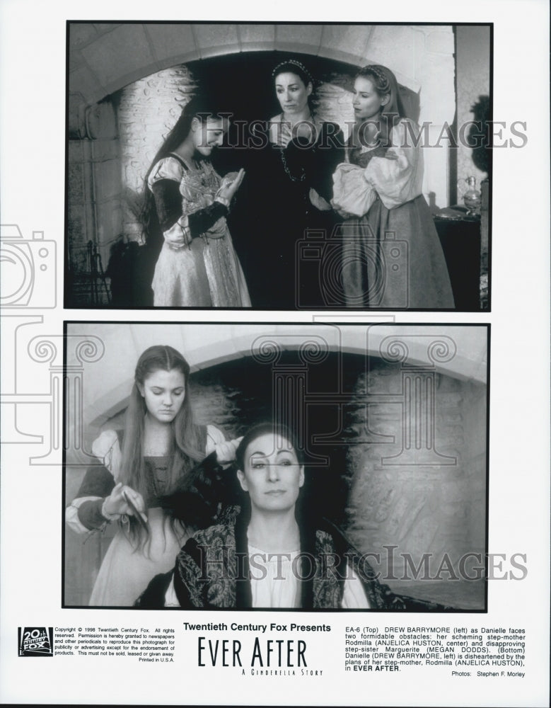 1998 Press Photo Anjelica Huston, Drew Barrymore & Megan Dodds In "Ever After" - Historic Images