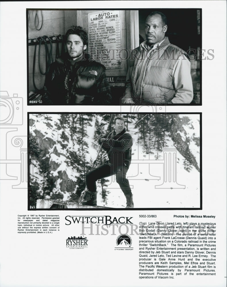 1997 Press Photo Actors Jared Leto, Danny Glover, Dennis Quaid In "SwitchBack" - Historic Images