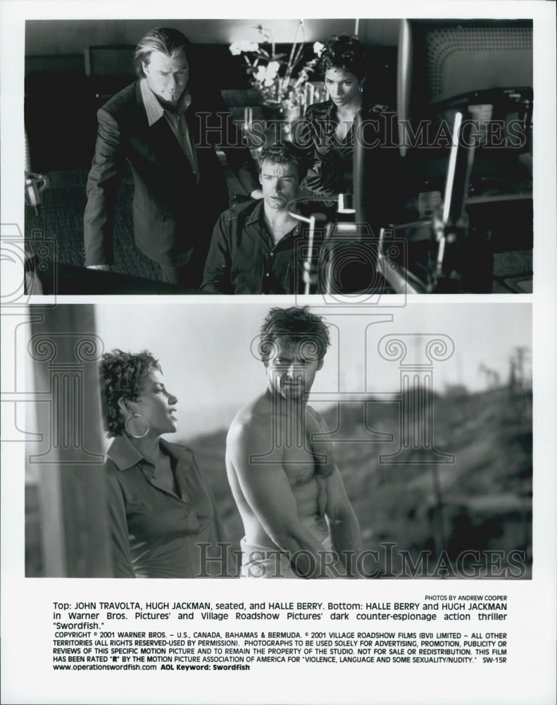 2001 Press Photo John Travolta, Hugh Jackman and Hale Berry in "Swordfish" - Historic Images