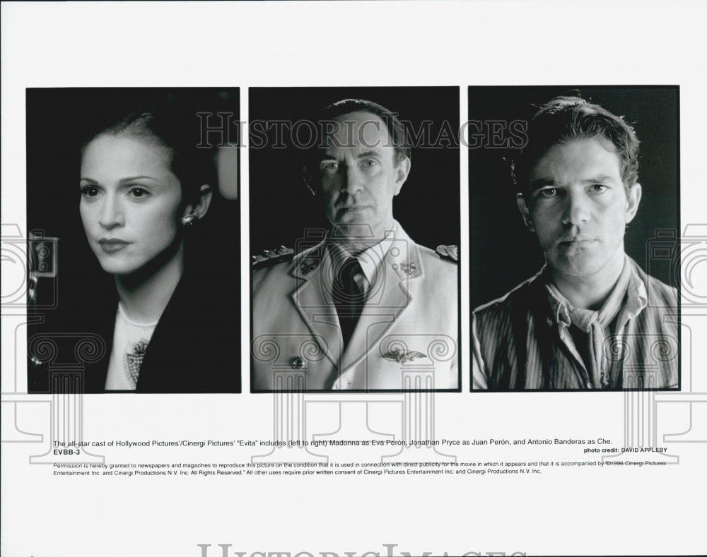 1996 Press Photo Actors Madonna, Jonathan Pryce and Antonio Banderas in &quot;Evita&quot; - Historic Images