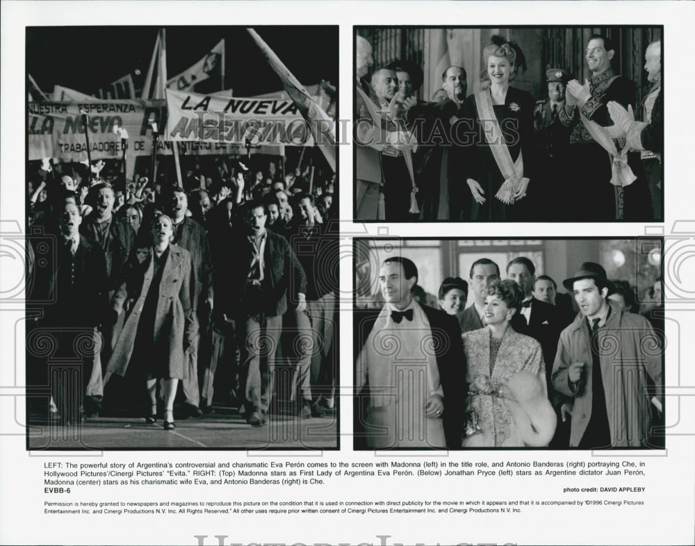 1996 Press Photo Madonna, Antonio Banderas and Jonathan Pryce in "Evita" - Historic Images