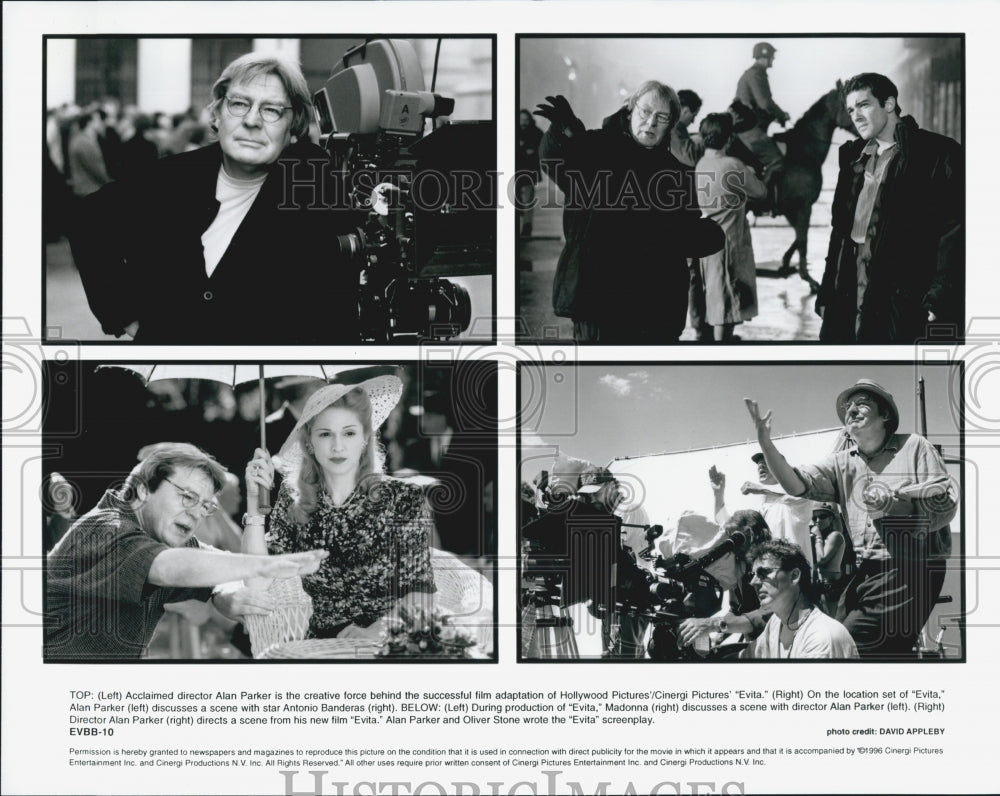 1996 Press Photo &quot;Evita&quot; director Alan Parker with Antonio Banderas on set - Historic Images