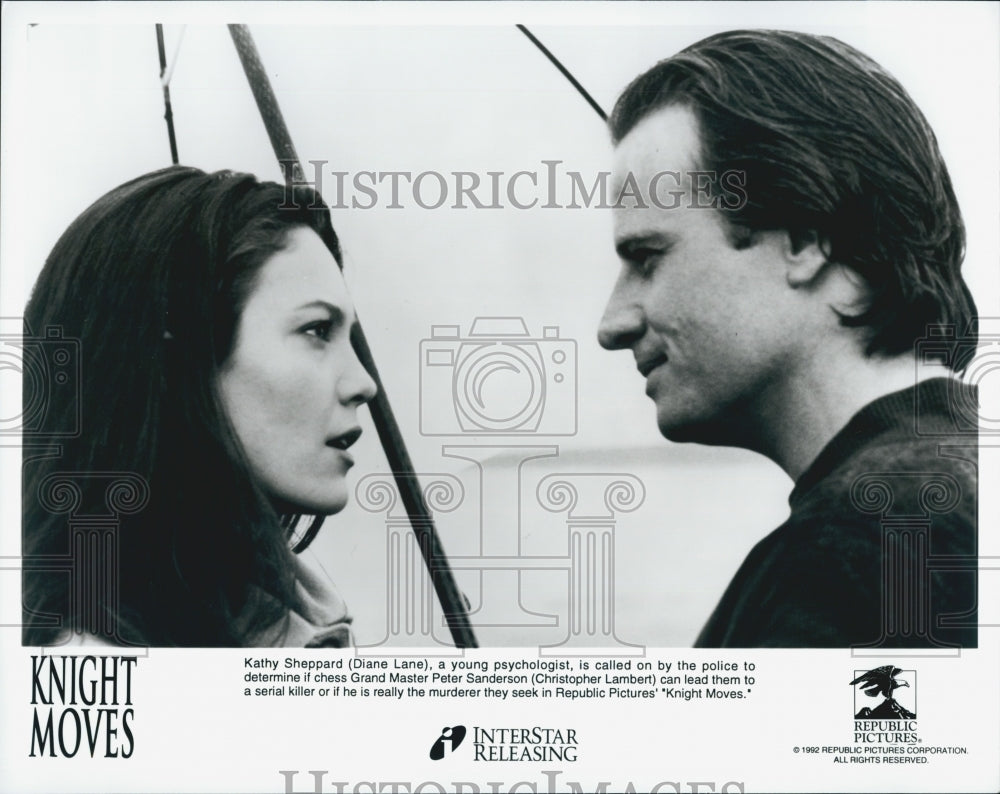1992 Press Photo Actor Christopher Lambert and Diane Lane in "Knight Moves" - Historic Images