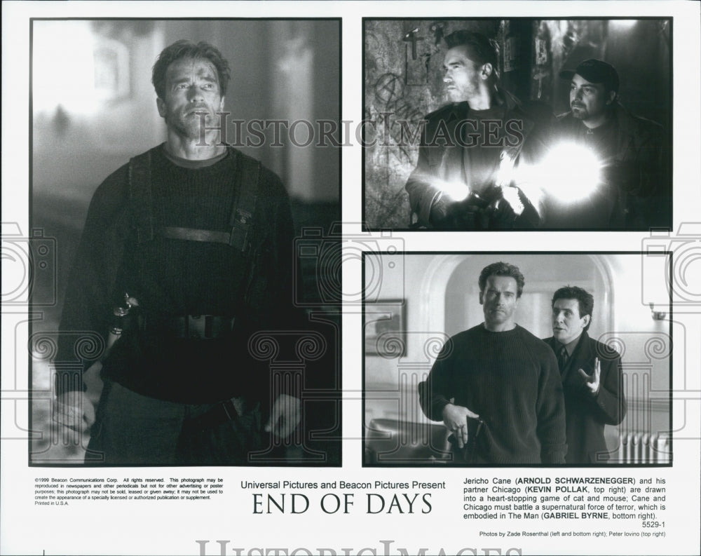 1999 Press Photo Schwarzenegger, Kevin Pollak and Gabriel Byrne in "End of Days" - Historic Images