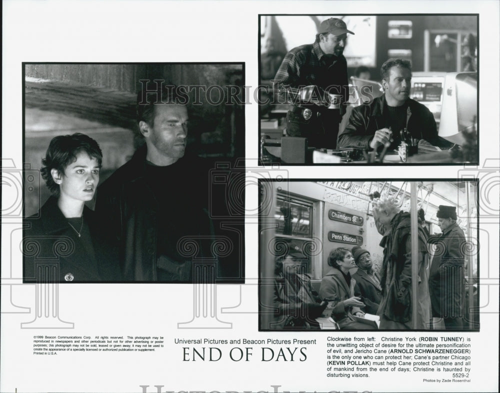 1999 Press Photo Robin Tunney, Schwarzenegger Kevin Pollak in &quot;End of Days&quot; - Historic Images