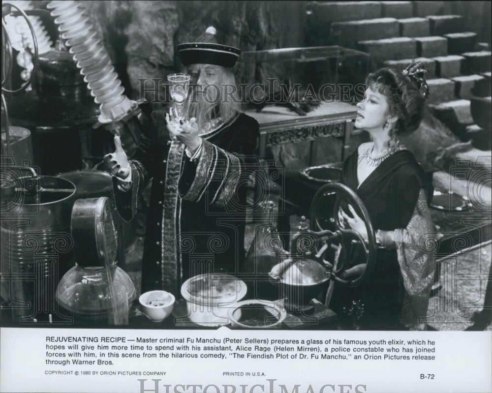 1980 Press Photo Peter Sellers, Helen Mirren in "Fiendish Plot of Dr. Fu Manchu" - Historic Images