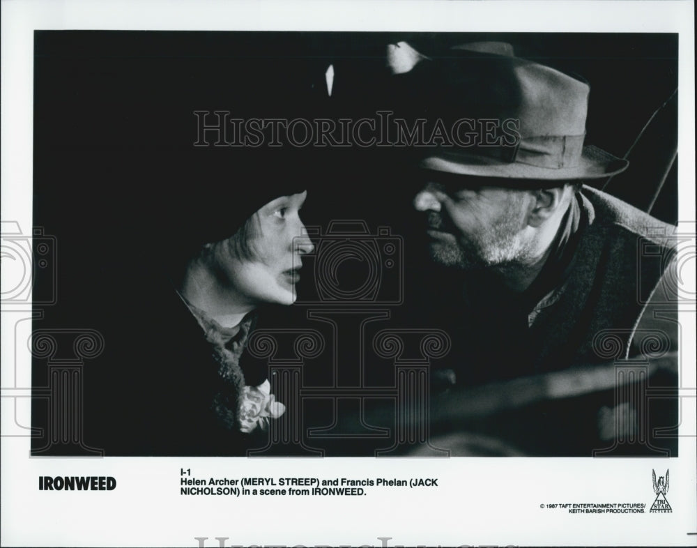 1987 Press Photo Actress Meryl Streep, Jack Nicholson in "Ironweed" Film - Historic Images