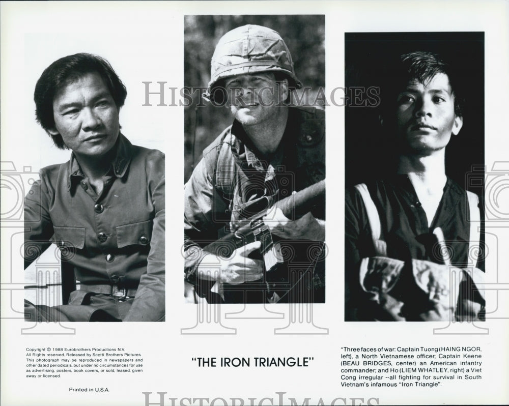 1988 Press Photo Haing Ngor, Beau Bridges, Liem Whatley in "The Iron Triangle" - Historic Images