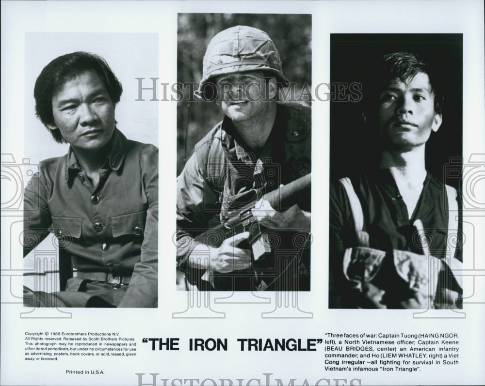 1988 Press Photo Haing Ngor, Beau Bridges, Liem Whatley in &quot;The Iron Triangle&quot; - Historic Images