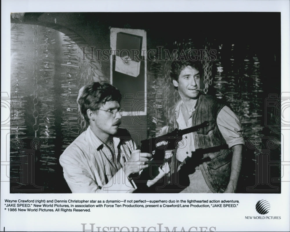 1986 Press Photo Wayne Crawford And Dennis Christopher In Movie "Jake Speed" - Historic Images