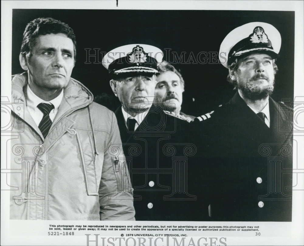 1979 Press Photo O'Brien, Hedison, Mason, And Moore In Movie "ffolkes" - Historic Images