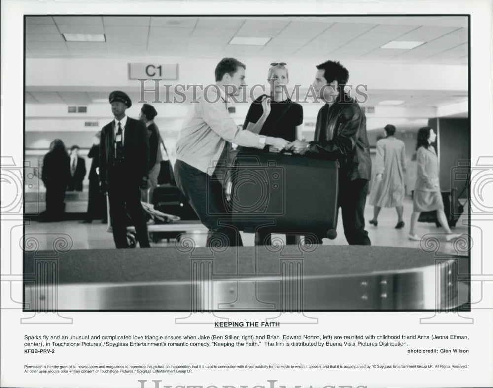 2000 Press Photo Ben Stiller, Edward Norton, Jenna Elfman in "Keeping The Faith" - Historic Images