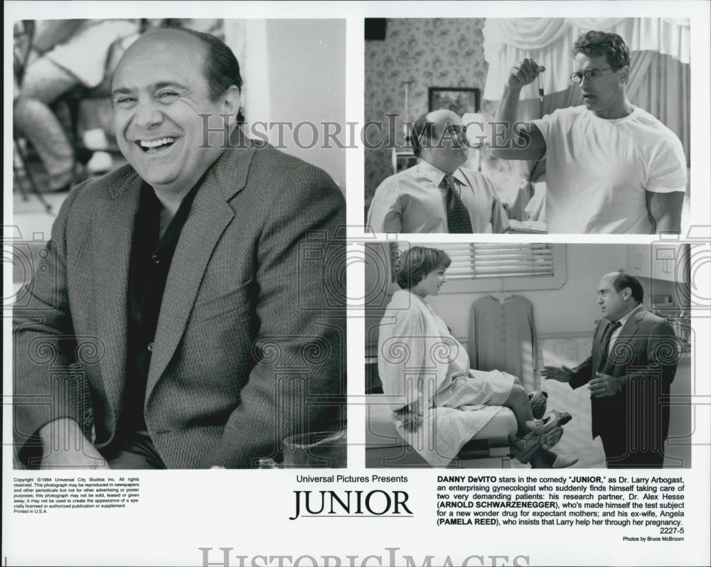 1994 Press Photo Danny Devito, Arnold Schwarzenegger & Pamela Reed in "Junior" - Historic Images