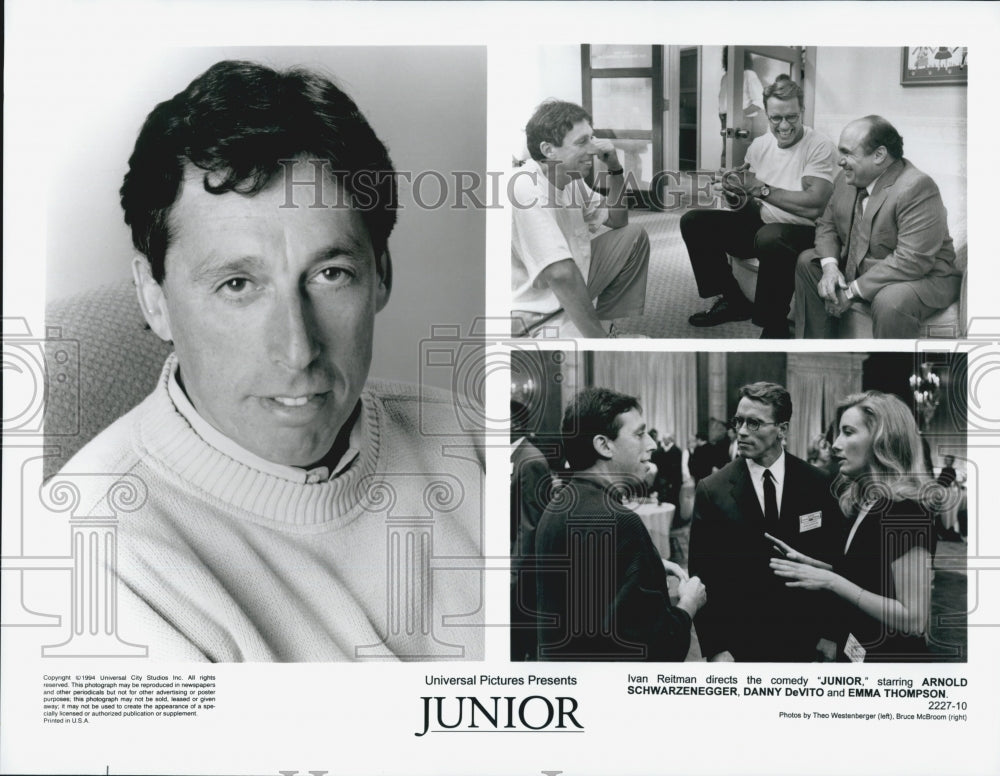1994 Press Photo Arnold Schwarzenegger, Danny DeVito &amp;Emma Thompson in &quot;Junior&quot; - Historic Images