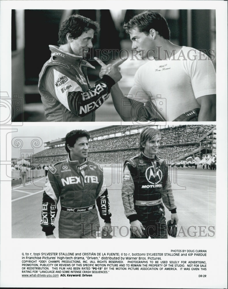 2001 Press Photo Sylvester Stallone and Cristian La Fuente in &quot;Driven&#39; - Historic Images