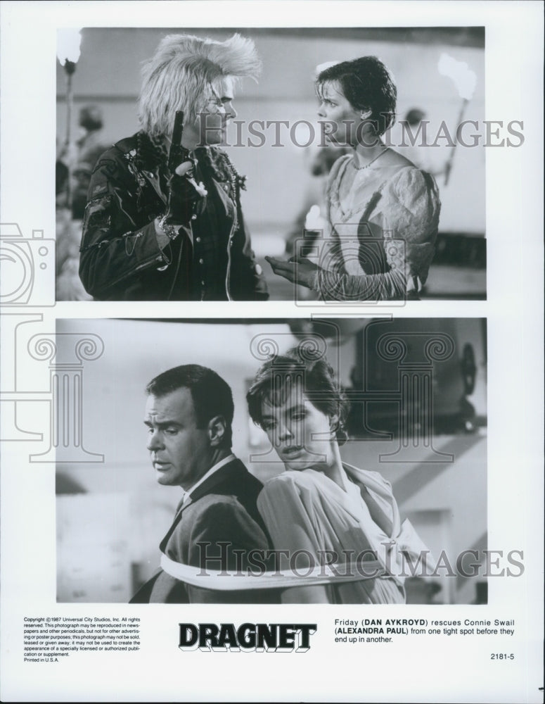 1987 Press Photo Actors Dan Aykroyd And Alexandra Paul Starring In "Dragnet" - Historic Images