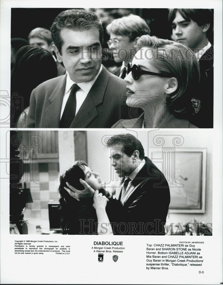1996 Press Photo Chazz Palminteri Sharon Stone Isabelle Adjani in "Diabolique" - Historic Images