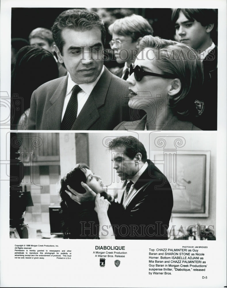 1996 Press Photo Chazz Palminteri Sharon Stone Isabelle Adjani in "Diabolique" - Historic Images