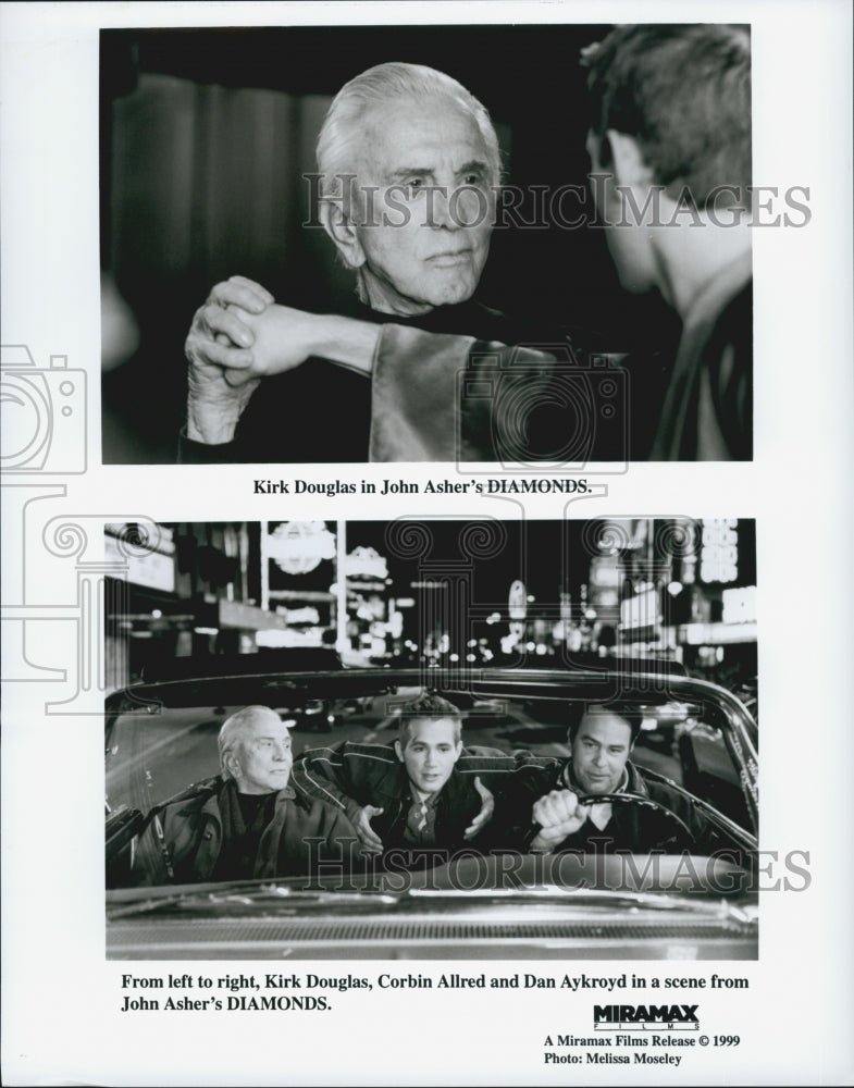 1999 Press Photo Kirk Douglas, Corbin Allred Dan Aykroyd in &quot;Diamonds&quot; - Historic Images