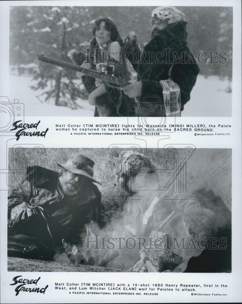 1983 Press Photo Tim McIntire, Mindi Miller &amp; Jack Elam in &quot;Sacred Ground&quot; - Historic Images