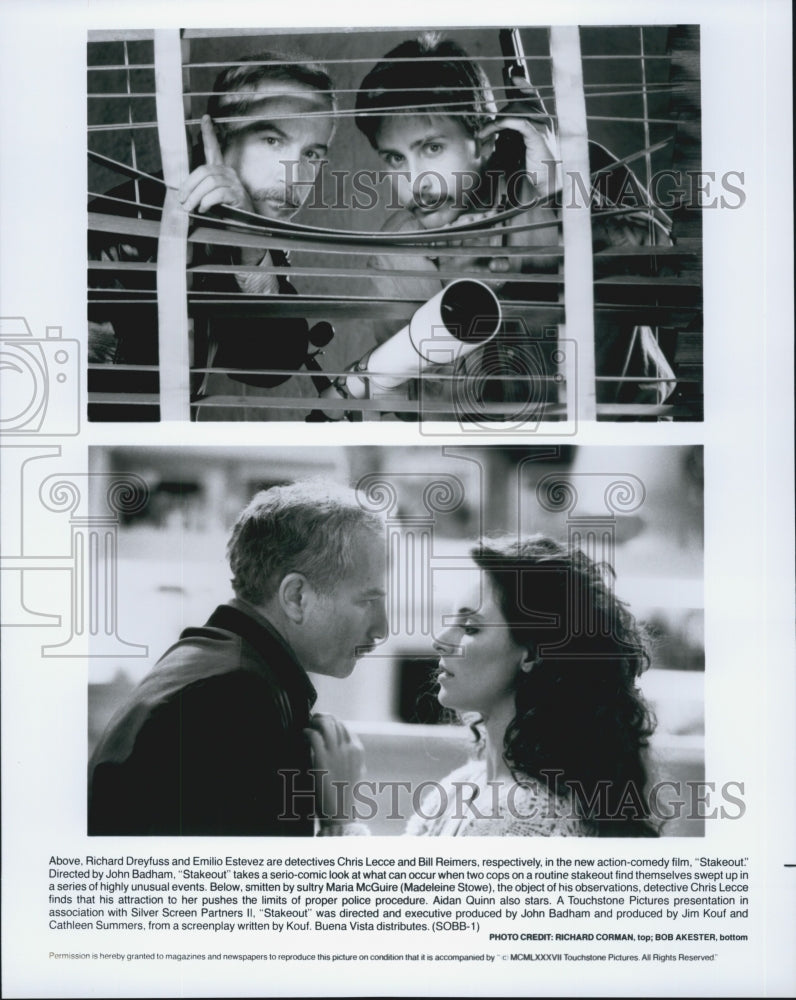 1987 Press Photo Richard Dreyfuss, Emilio Estevez, Madeleine Stowe in "Stakeout" - Historic Images