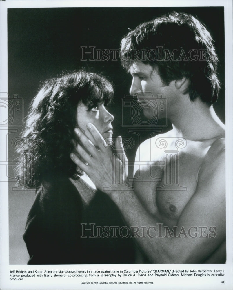 1984 Press Photo Actors Jeff Bridges And Karen Allen Starring In Film &quot;Starman&quot; - Historic Images