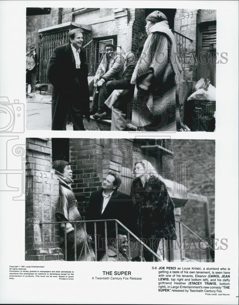 1991 Press Photo Actors Joe Pesci, Carol Jean Lewis, Stacey Travis &quot;The Super&quot; - Historic Images