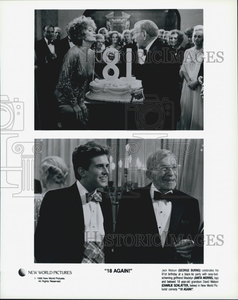 1988 Press Photo &quot;18 Again&quot; George Burns,Anita Morris,Charlie Schlatter - Historic Images