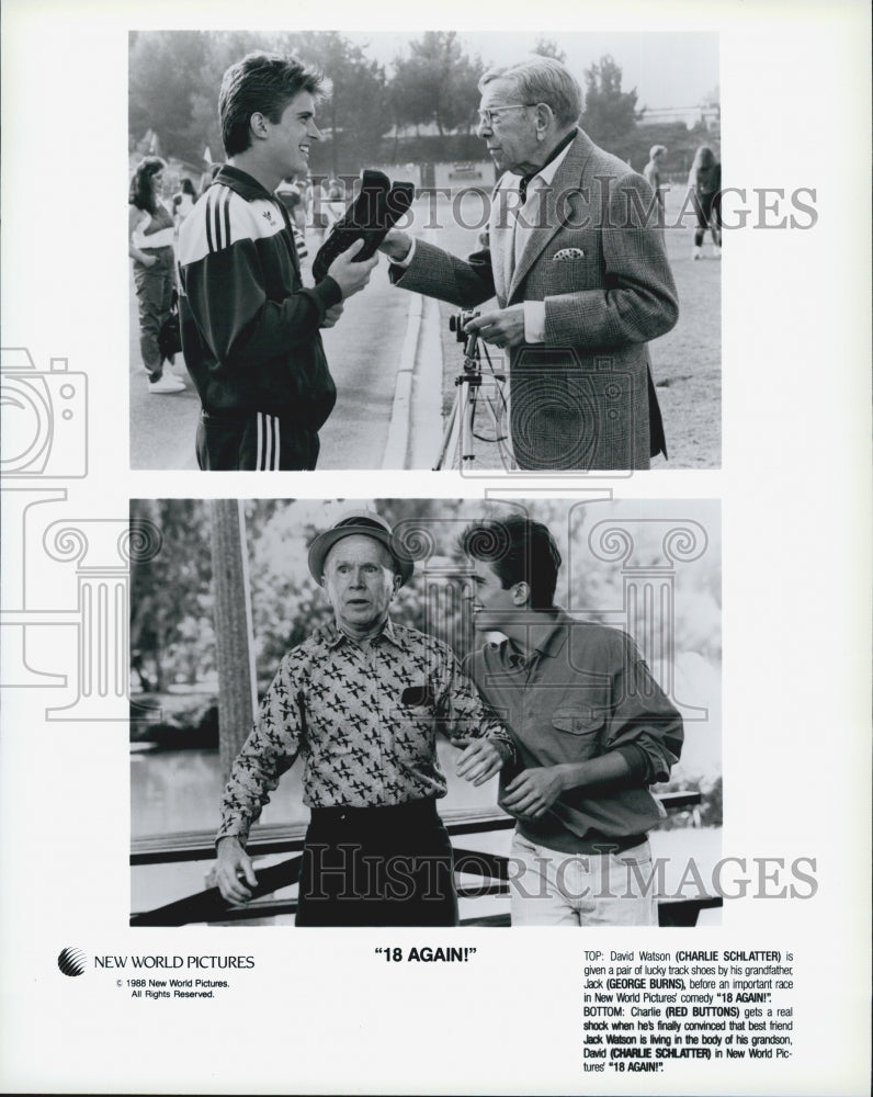 1988 Press Photo George Burns, Charlie Schlatter, and Red Buttons in &quot;18 Again&quot; - Historic Images