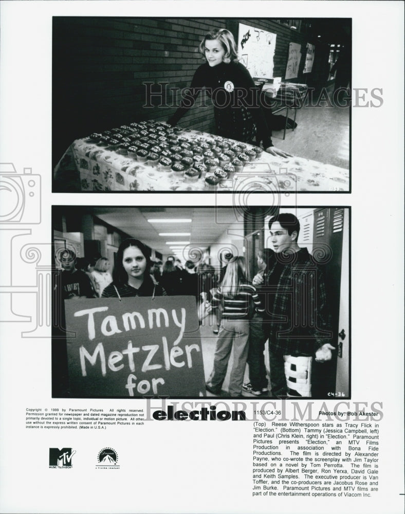 1999 Press Photo &quot; Election&quot; Reese Witherspoon,Jess Campbell,Chris Klein - Historic Images