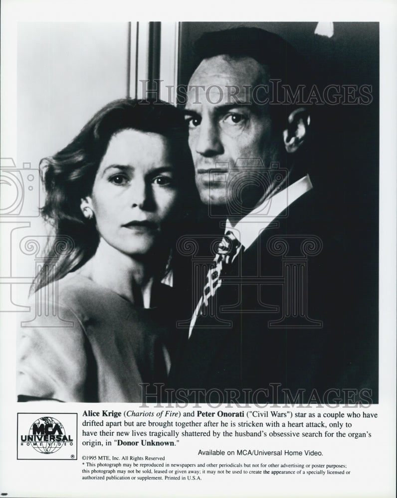 1995 Press Photo Actress Alice Krige, Peter Onorati in "Donor Unknown" Film - Historic Images