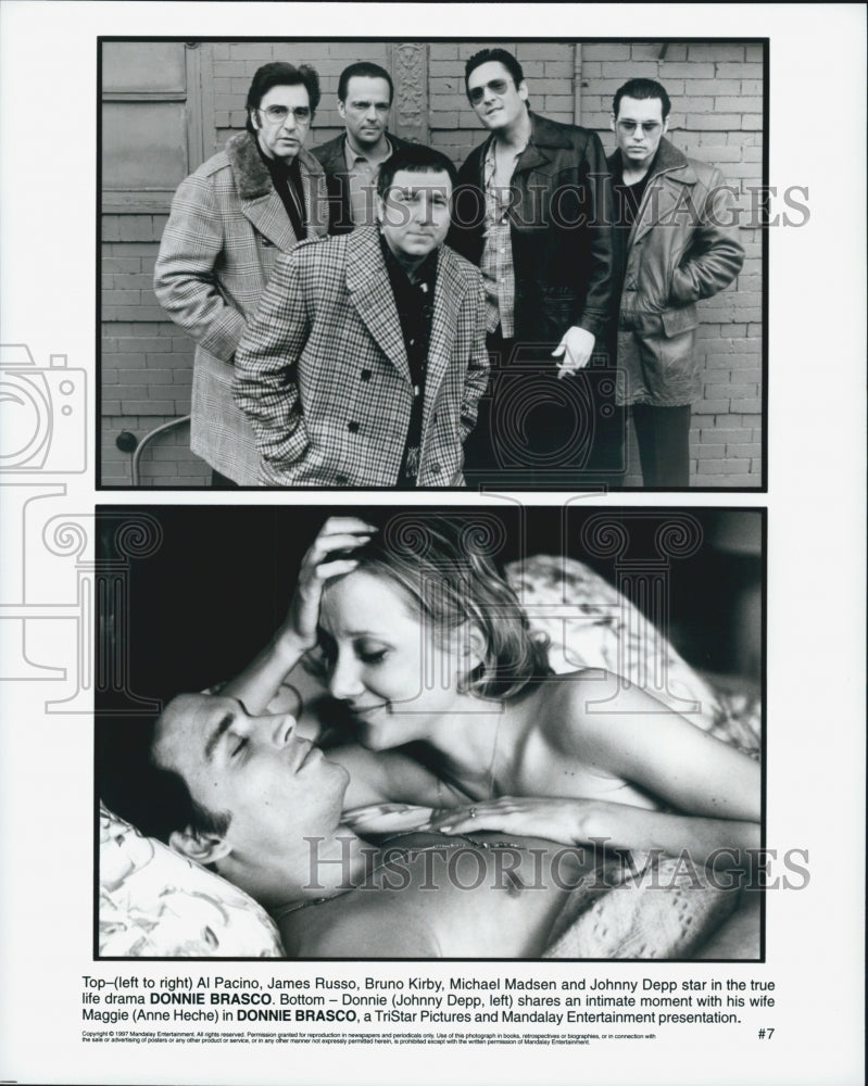 1997 Press Photo Actor Johnny Depp, Anne Heche, Al Pacino in &quot;Donnie Brasco&quot; - Historic Images