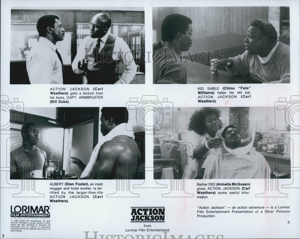 1988 Press Photo "Action Jackson" Stan Foster,Carl Weathers,A McQueen,B Duke - Historic Images