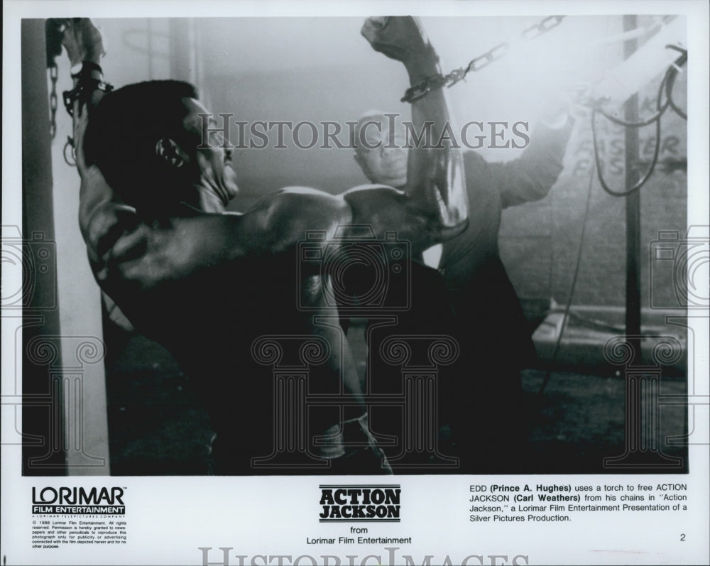 1988 Press Photo  &quot;Action Jackson&quot; Carl Weathers,Prince A Hughes - Historic Images